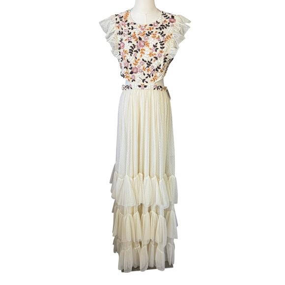 Mac Duggal 35106 Floral Embroidered Tiered Cutout Maxi Dress Cream Size 8 NWT - Picture 3 of 14